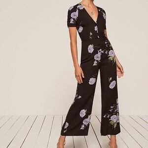 Reformation Black Floral V-neck Short Sleeve Jumpsuit S (4)